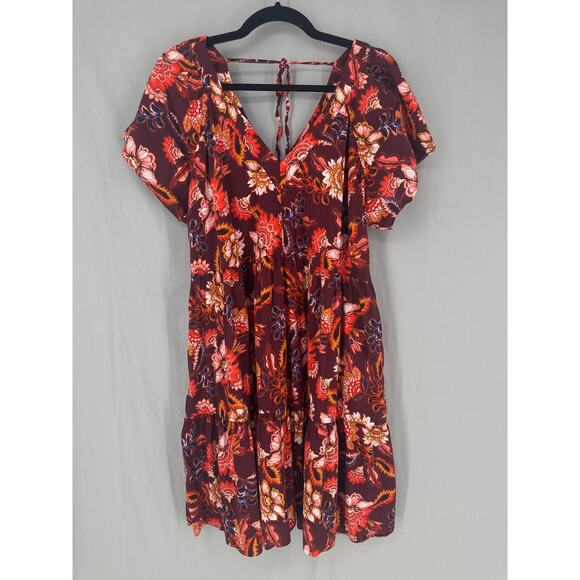 Old Navy Dress Womens XL Red Floral Mini Tiered Boho Bohemian Cottage V Neck - Picture 1 of 7